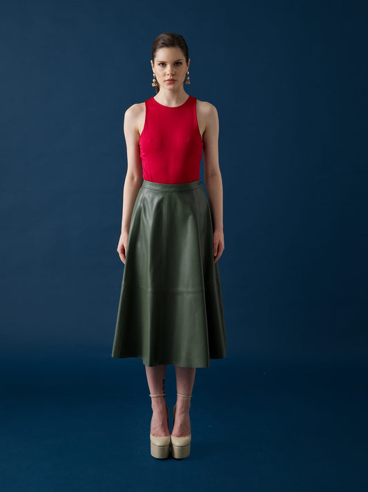 Flared Leather Skirt – Sage Green