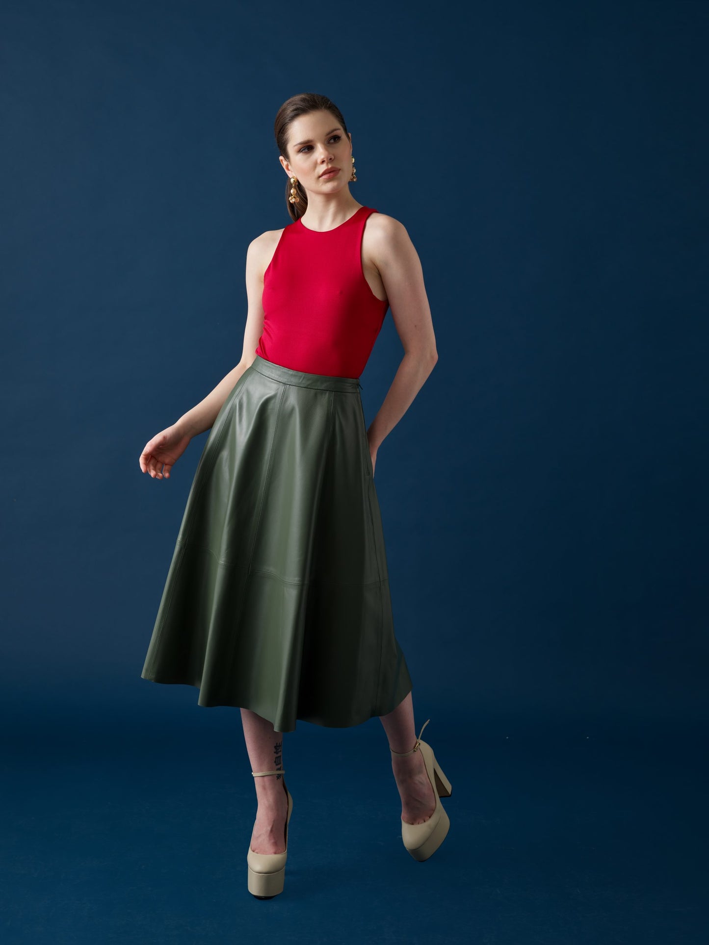Flared Leather Skirt – Sage Green