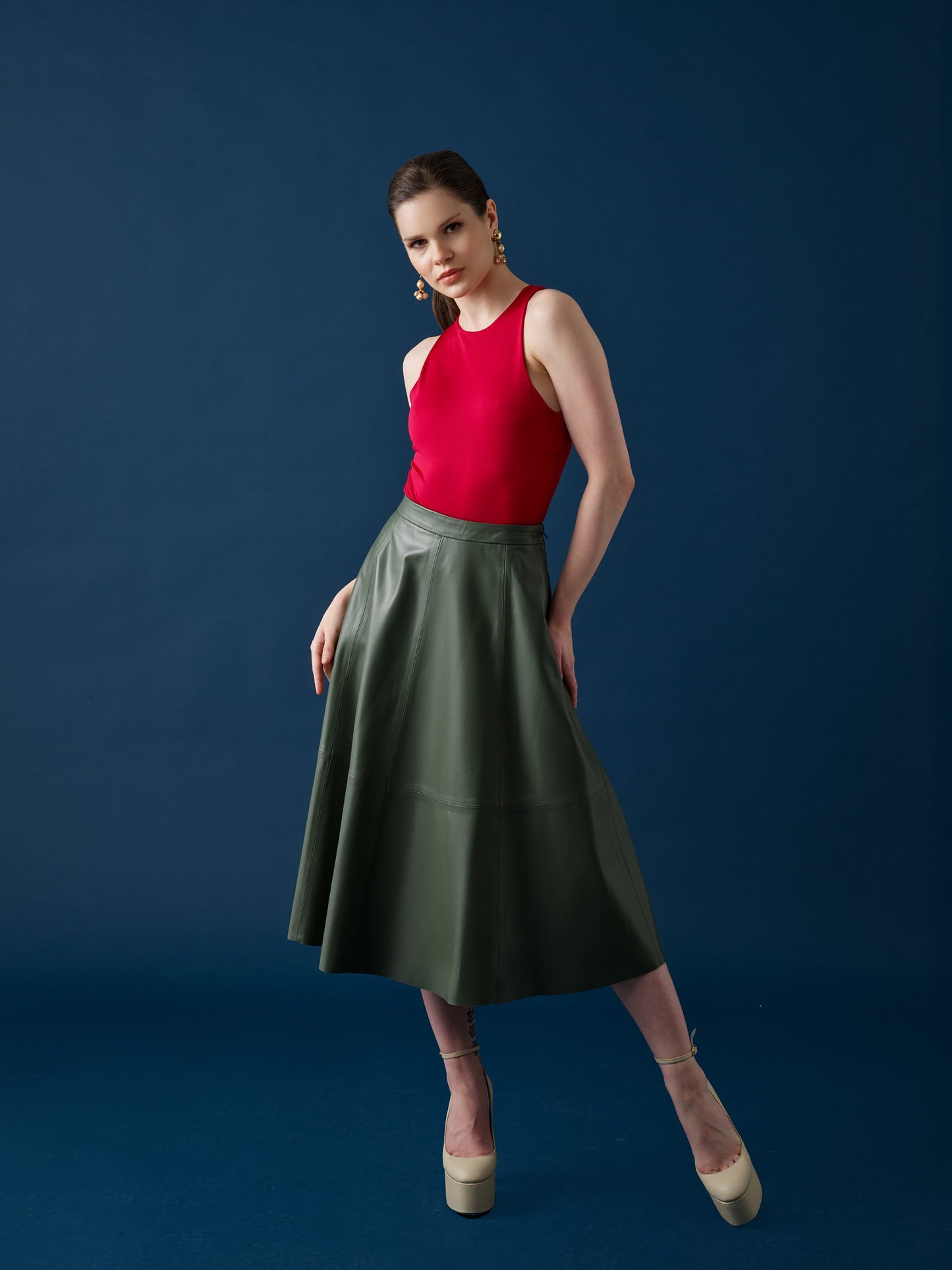 Flared Leather Skirt – Sage Green