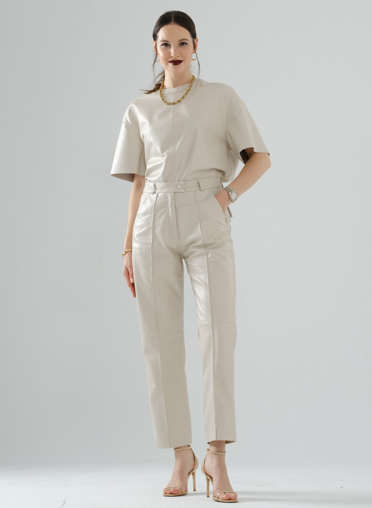 Front-Seamed Leather Pants – Cream