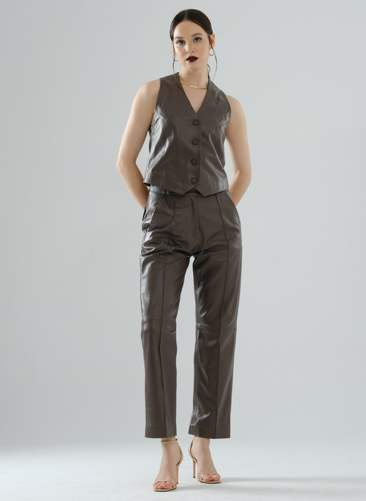 Front-Seamed Leather Pants – Mocha
