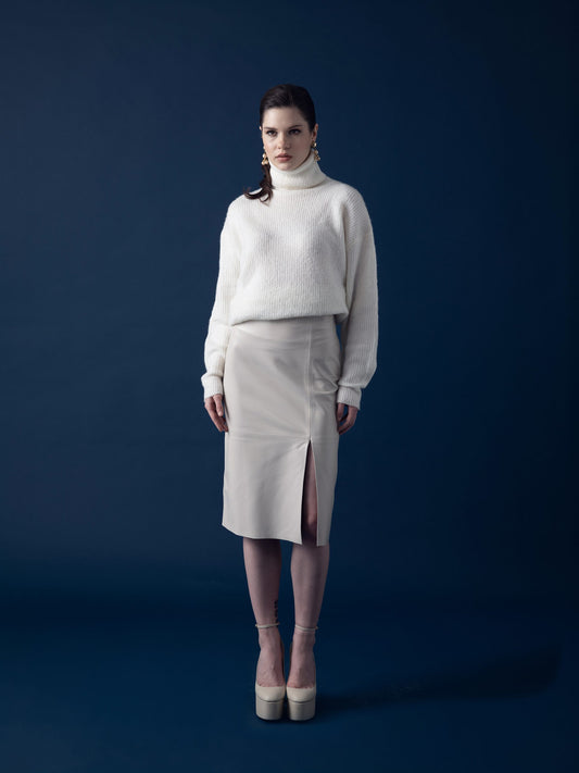 Front Slit Leather Skirt – Cream