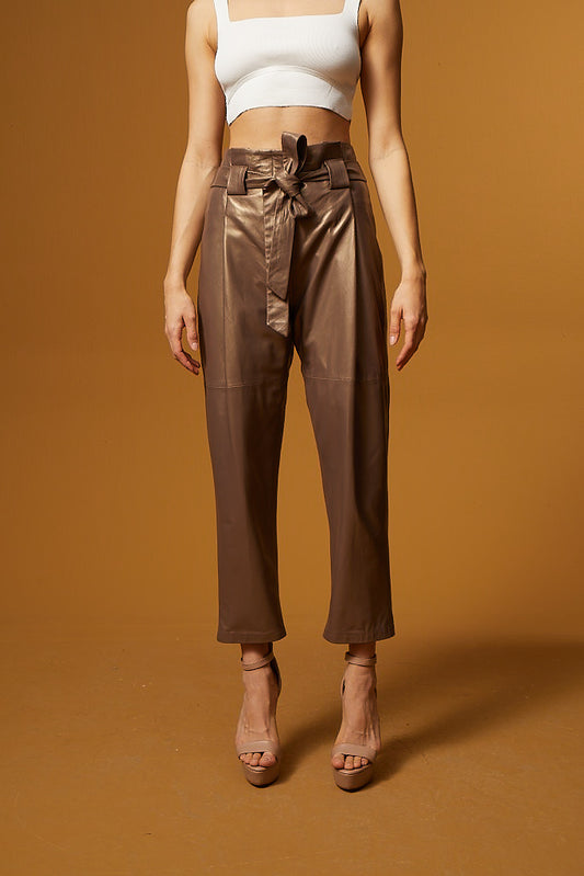 High Waist Leather Tapered Pants – Bronze