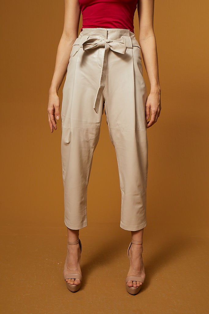High Waist Tapered Leg Leather Pants – Cream