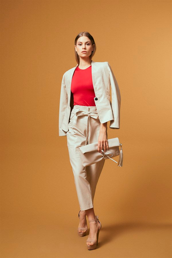 High Waist Tapered Leg Leather Pants – Cream