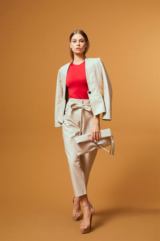 High Waist Tapered Leg Leather Pants – Cream