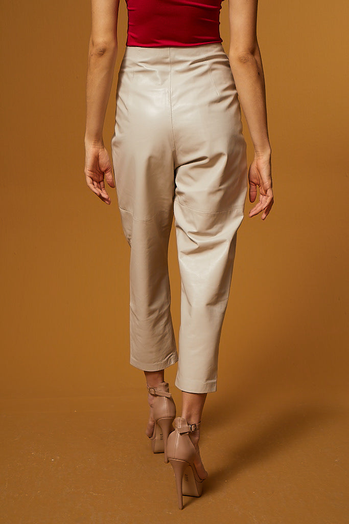 High Waist Tapered Leg Leather Pants – Cream