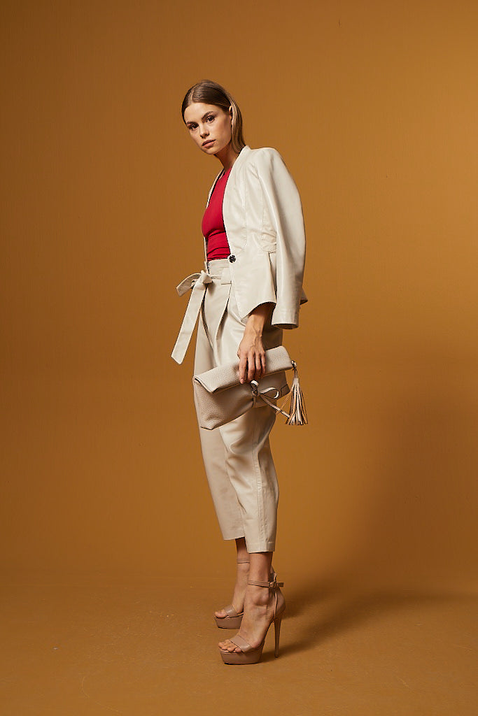 High Waist Tapered Leg Leather Pants – Cream
