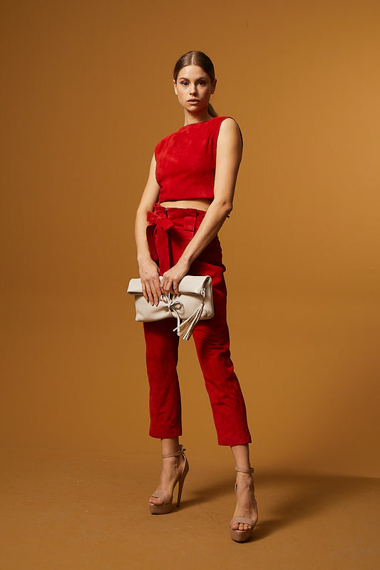 High Waist Tapered Suede Pants – Red