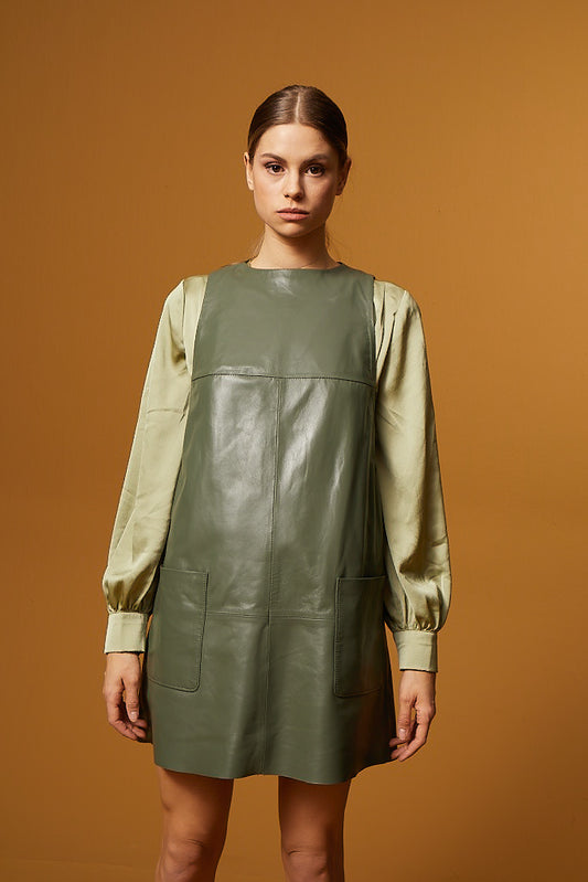 Leather Pocket Dress - Sage Green