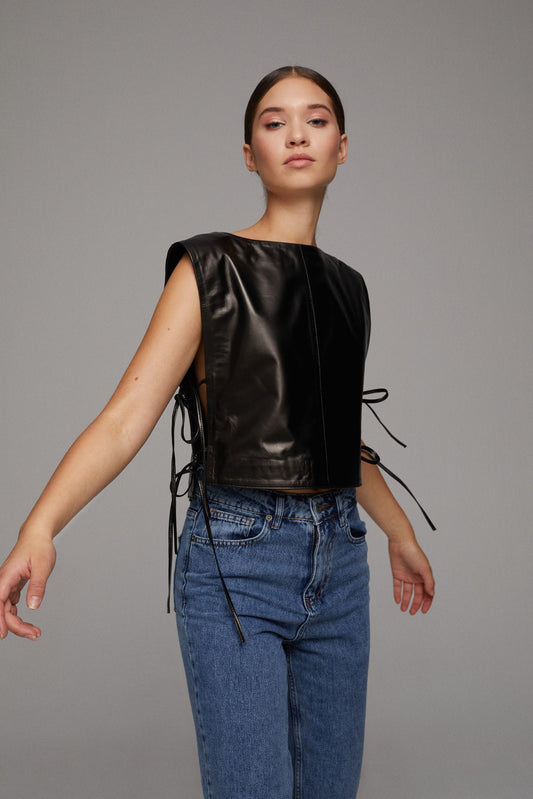 Leather Vest with String Ties - Black