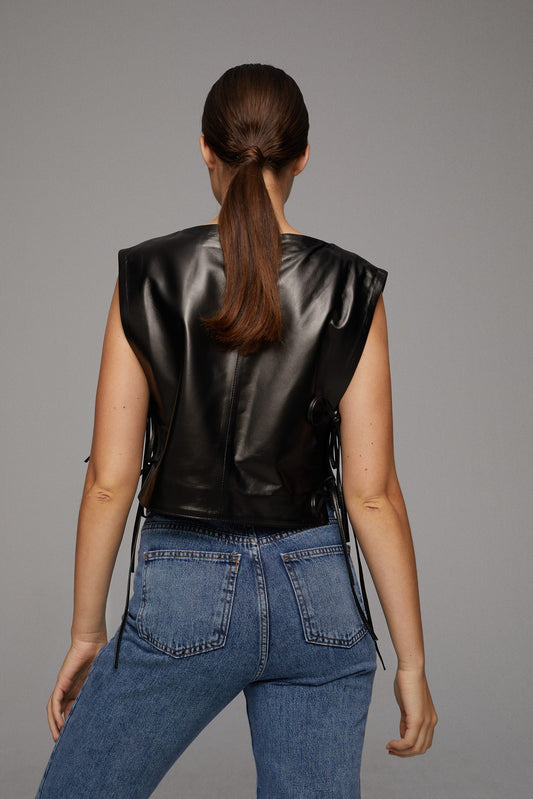 Leather Vest with String Ties - Black