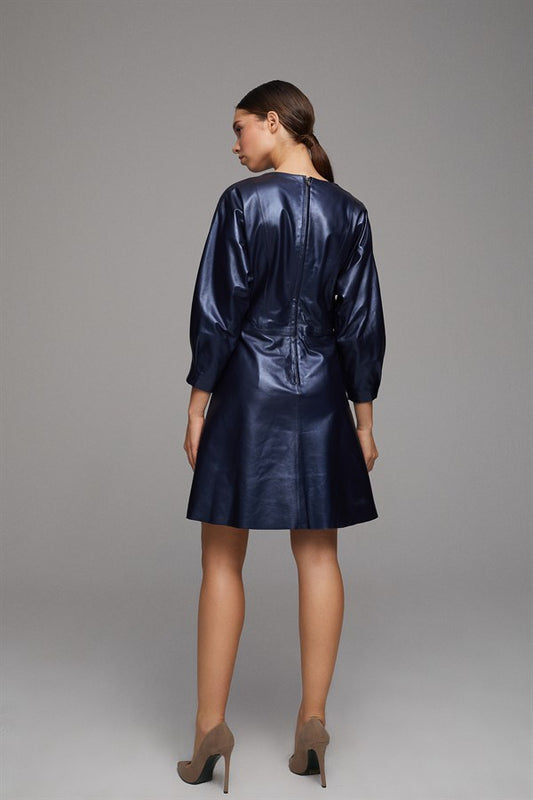 Long Sleeve Leather Dress – Navy