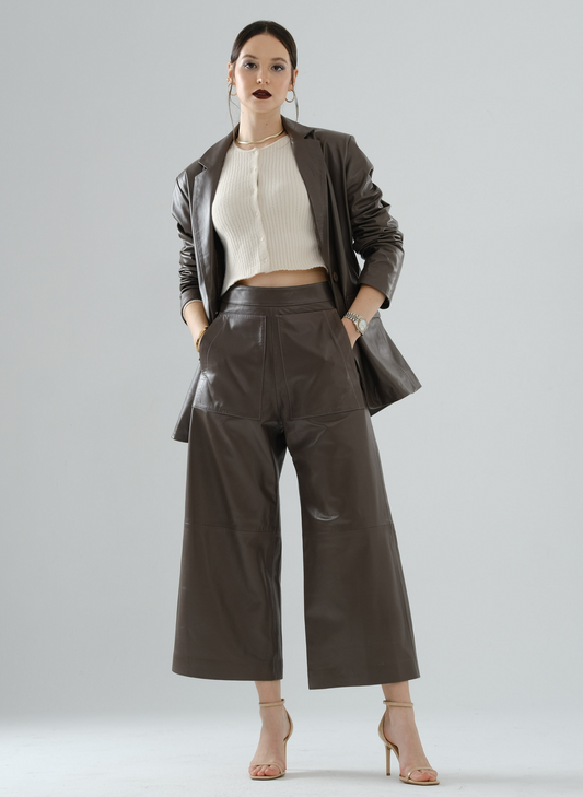 Loose-Fit Large Pocket Short Leather Pants – Mocha
