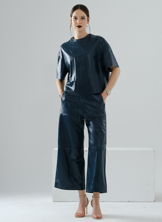 Loose-Fit Large Pocket Short Leather Pants – Petrol