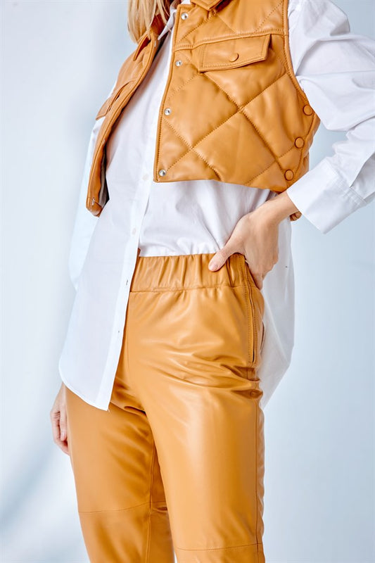 Quilted Short Leather Vest – Camel