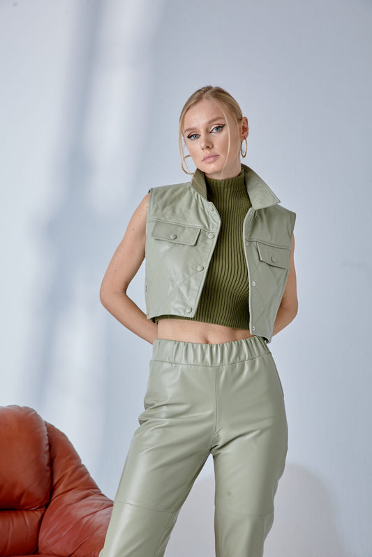 Quilted Short Leather Vest – Nile Green