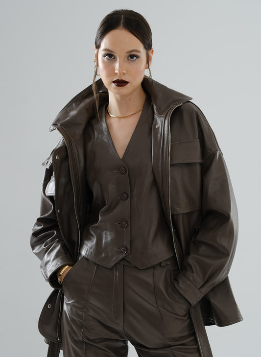 Safari Multi-Pocket Leather Jacket – Mocha