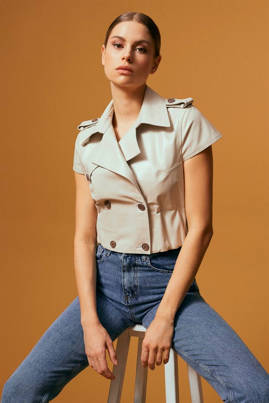 Short Leather Trench - Cream