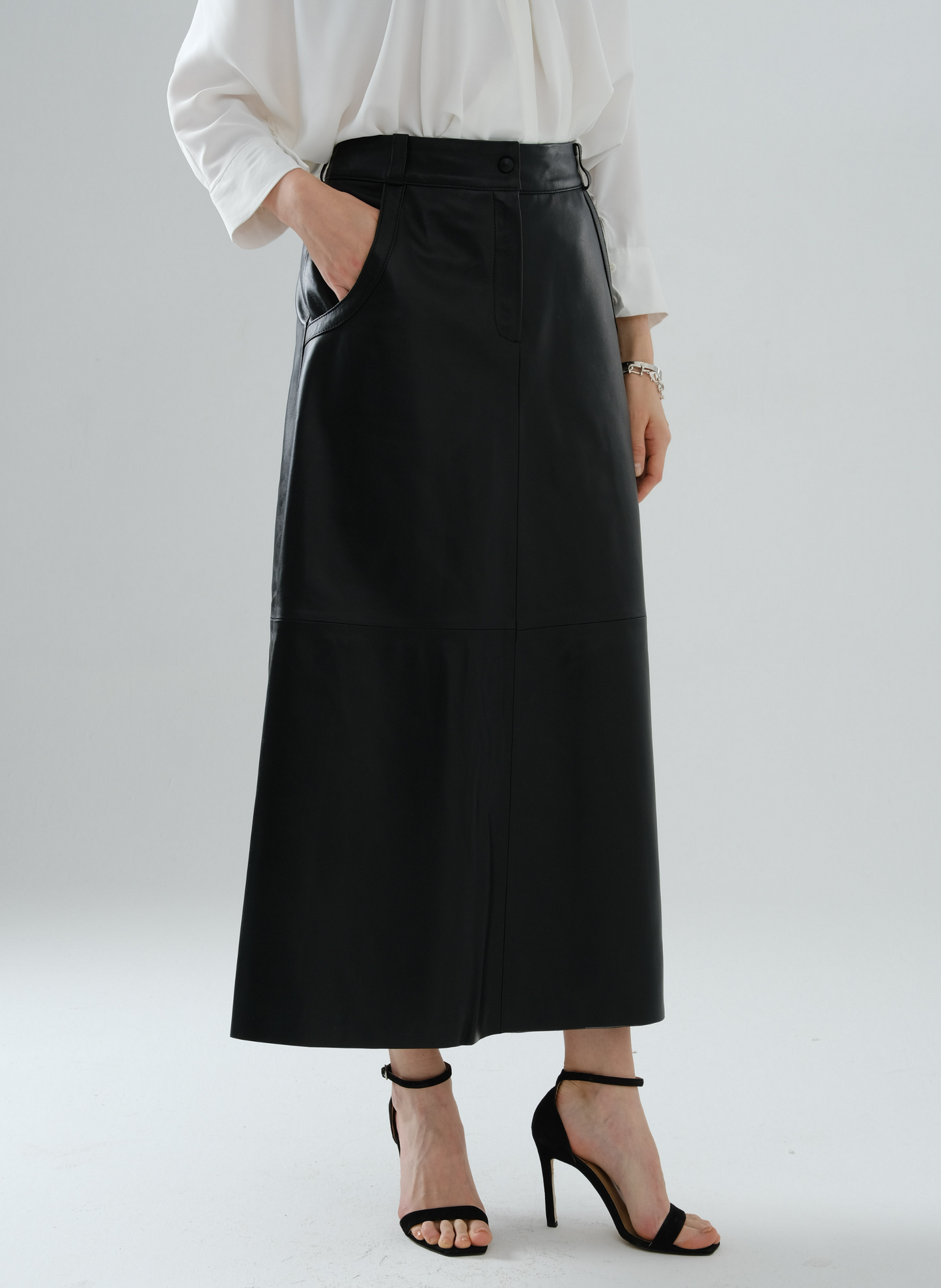Side-Snap Long Leather Skirt – Black