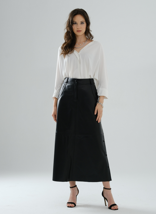 Side-Snap Long Leather Skirt – Black
