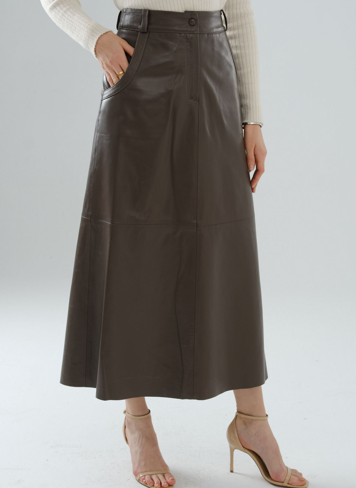 Side-Snap Long Leather Skirt – Mocha