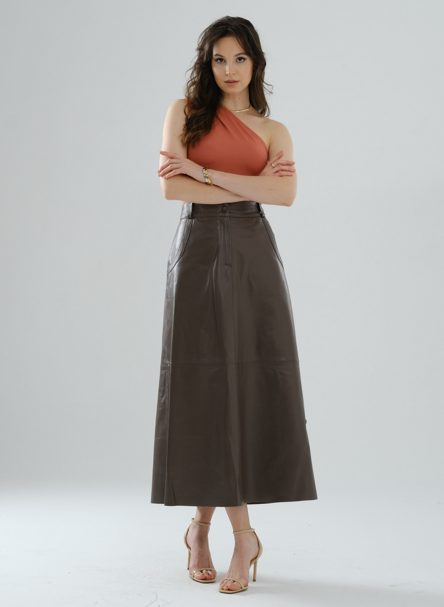 Side-Snap Long Leather Skirt – Mocha