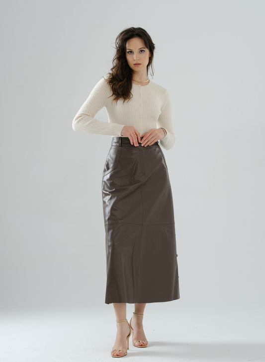 Side-Snap Long Leather Skirt – Mocha
