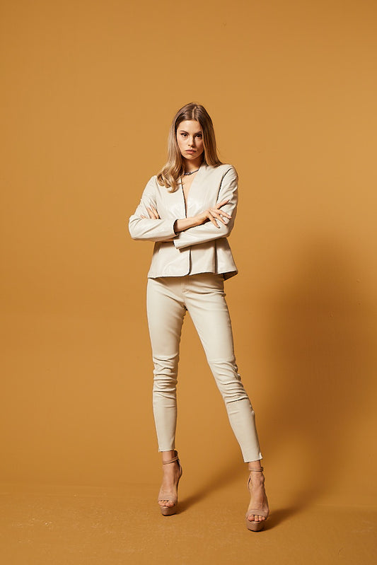 Slim Fit Classic Leather Jacket - Cream