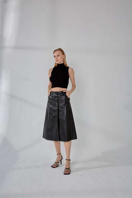 Snap-Button Long Leather Skirt – Black