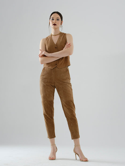 Straight-Leg Suede Pants – Brown