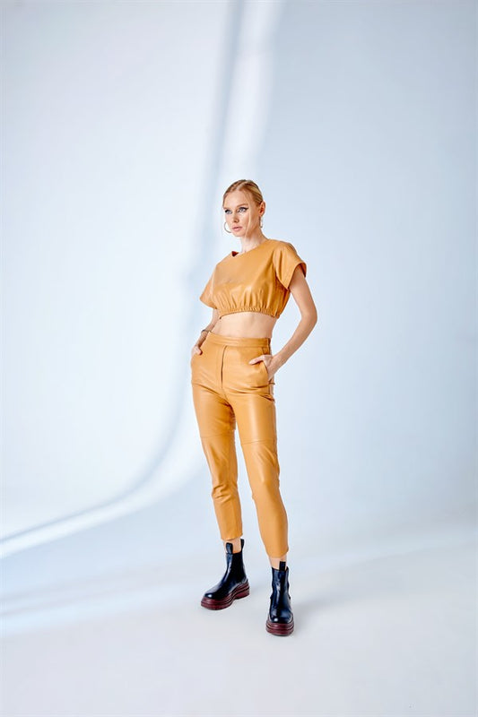 Straight Cut Leather Pants – Camel