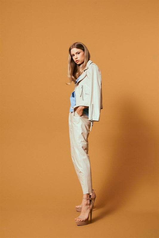 Straight Cut Pocketed Leather Pants – Cream