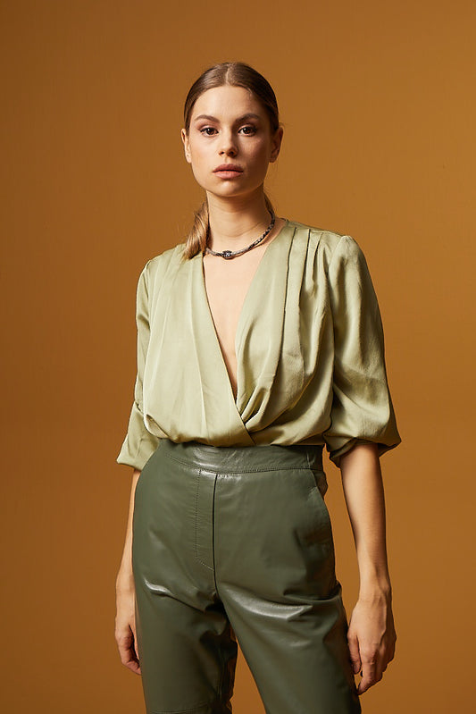 Straight Cut Pocketed Leather Pants – Sage Green