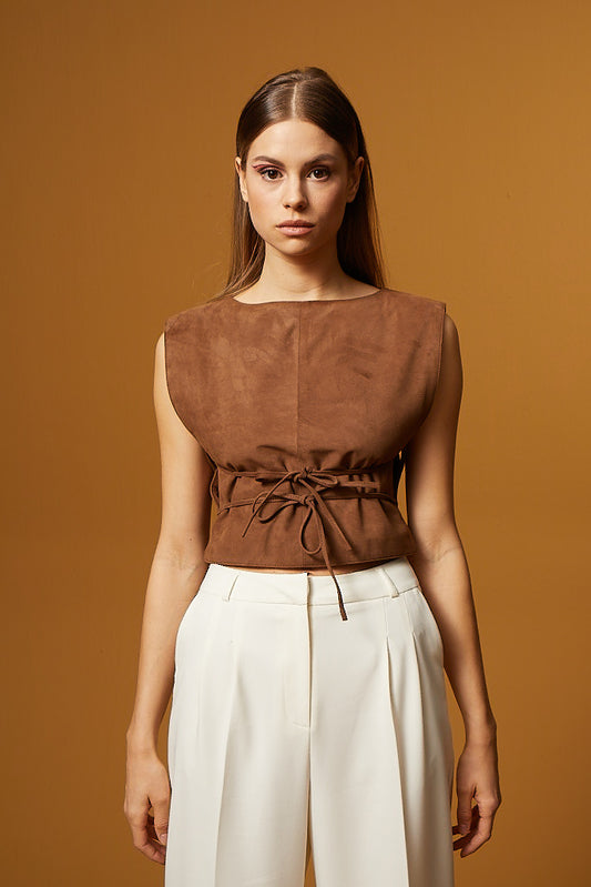 Laced Leather Top - Brown