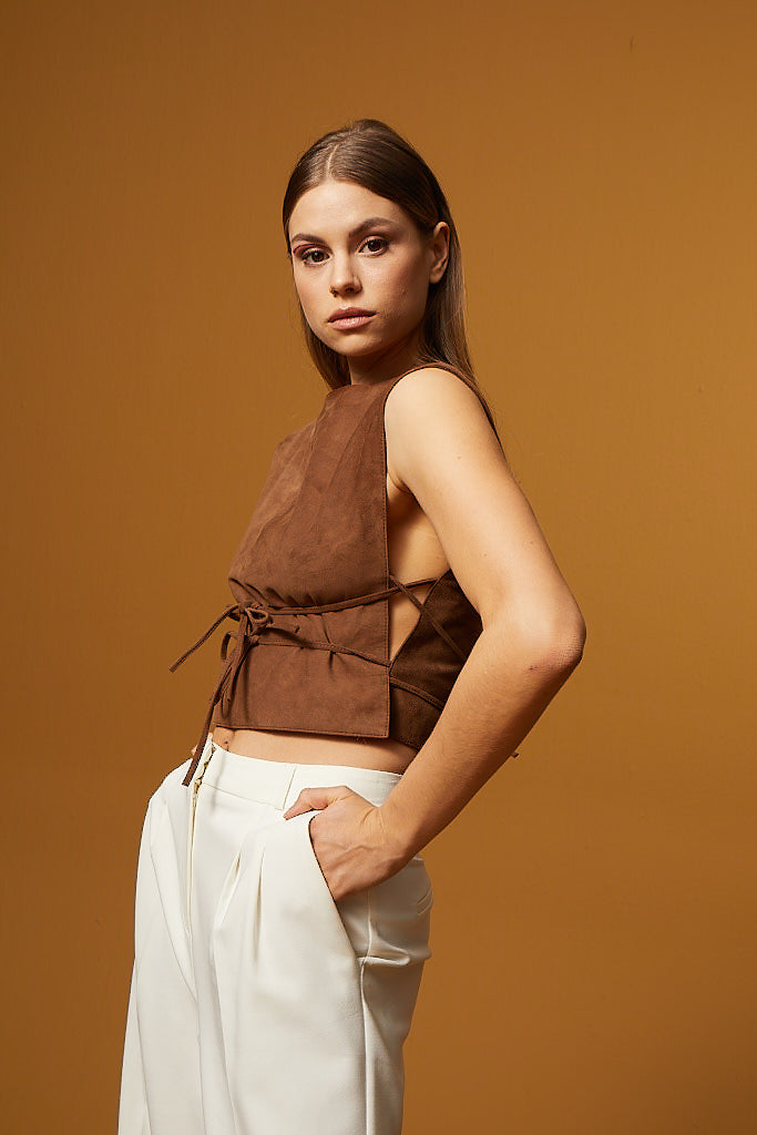 Laced Leather Top - Brown