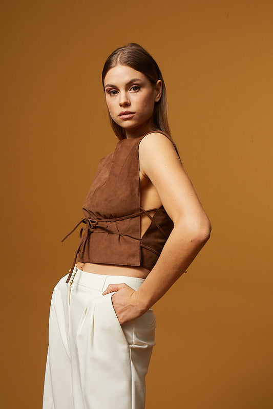 Laced Leather Top - Brown