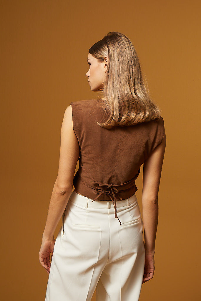 Laced Leather Top - Brown
