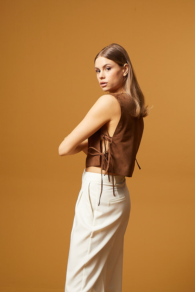 Laced Leather Top - Brown