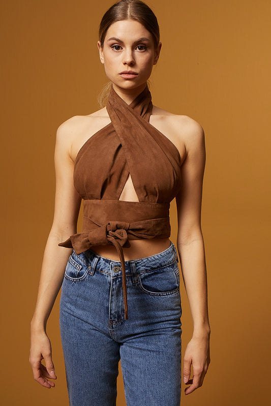 Suede Bustier with Tie at the Waist - Brown