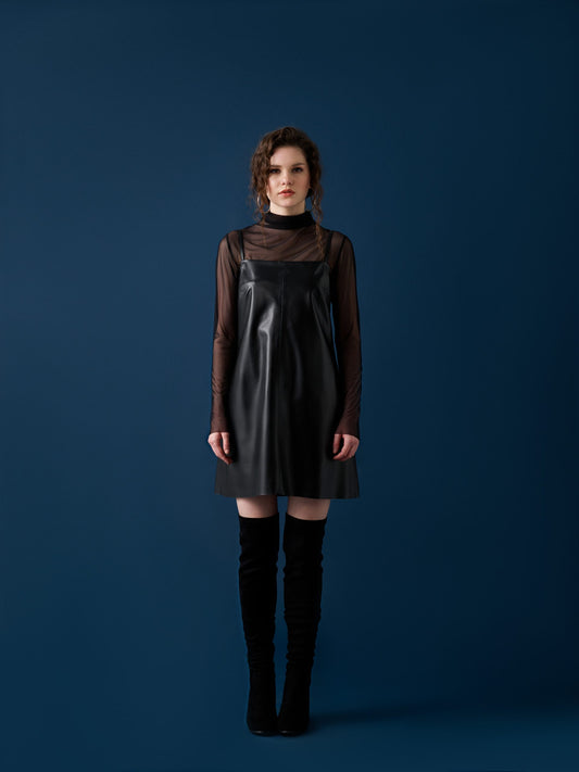 Thin-Strap Leather Dress – Black