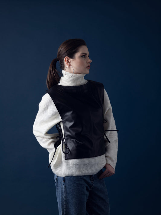 Tie-Front Leather Vest – Black
