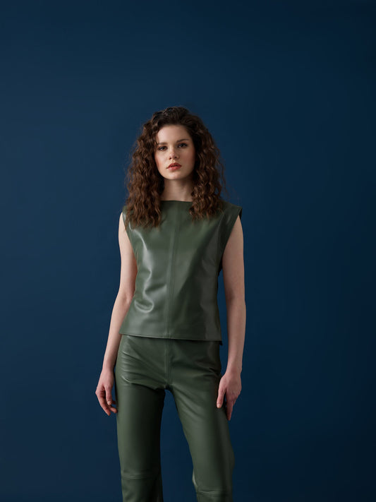 Tie-Front Leather Vest – Sage Green