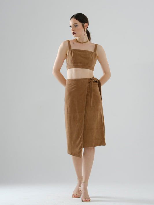 Tie-String Suede Skirt – Brown