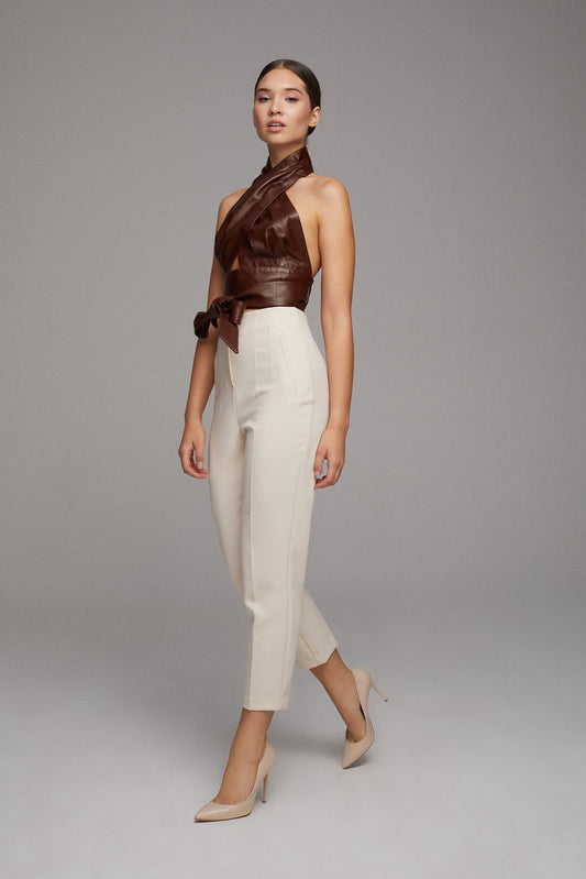 Tie-waist Leather Bustier – Brown
