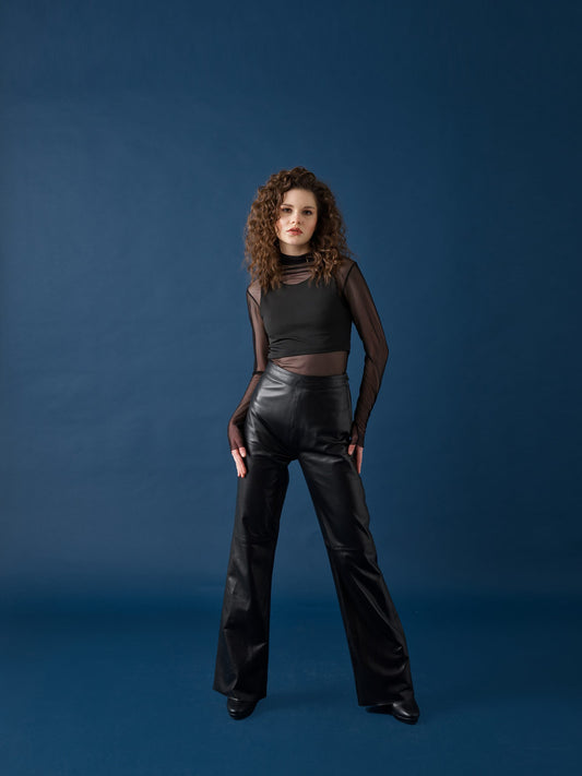 Wide-Leg Leather Pants – Black