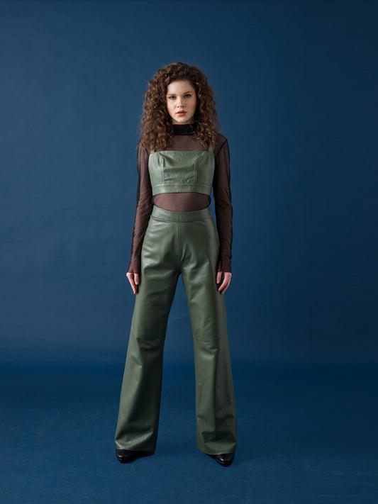 Wide-Leg Leather Pants – Sage Green