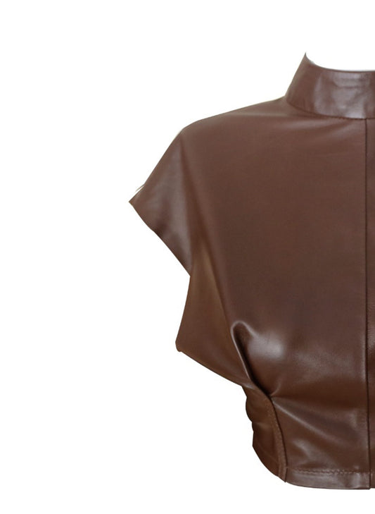 Wide-Sleeved Leather Crop  – Hazelnut Brown