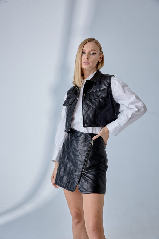 Zippered Quilted Leather Skirt - Black