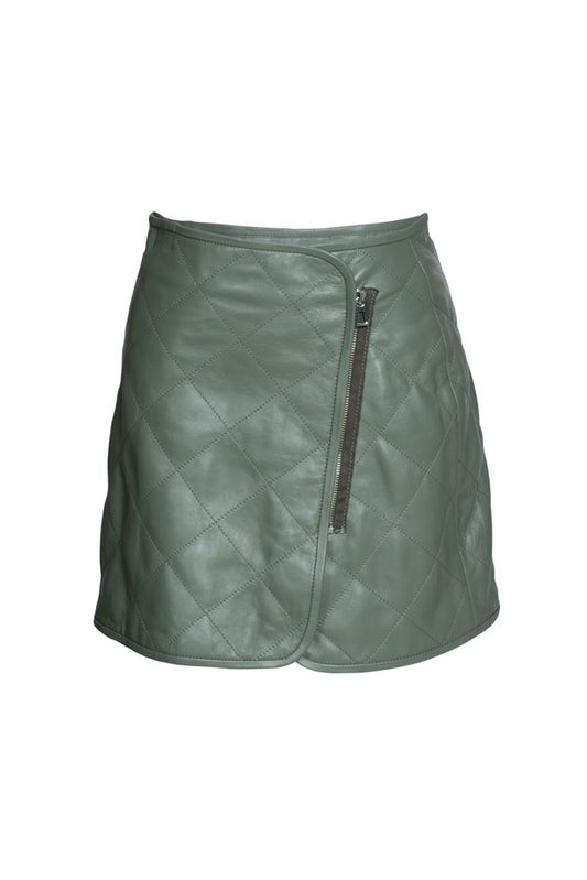 Zippered Quilted Leather Skirt – Sage Green